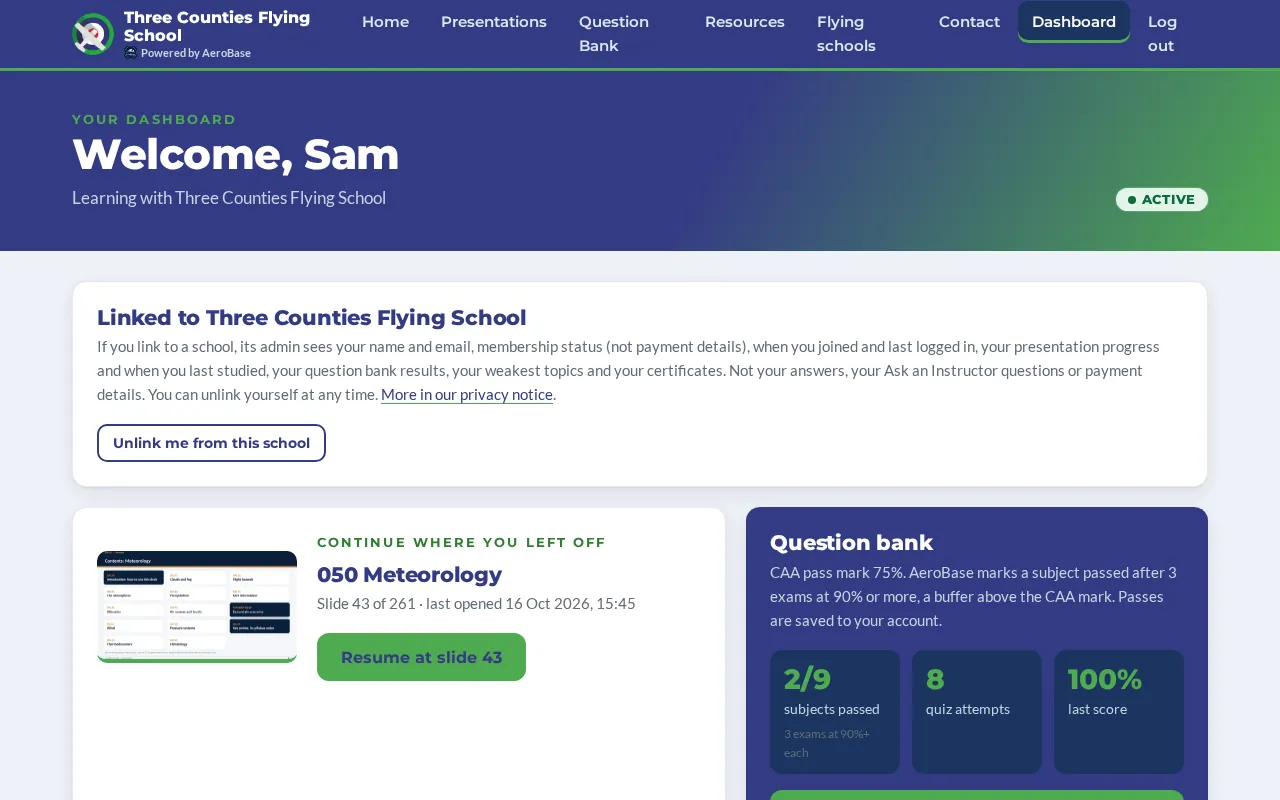 Student dashboard with Three Counties Flying School branding